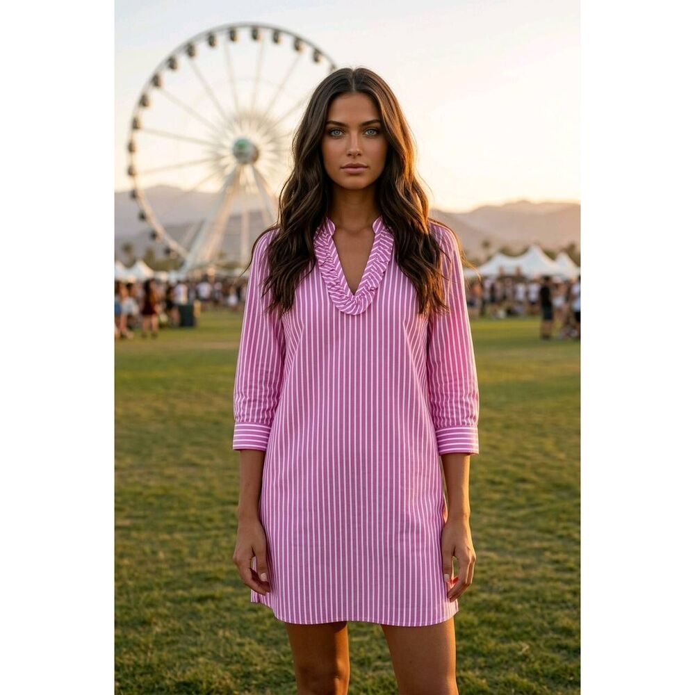🔺️Tommy Hilfiger Pink Stripe Ruffle Vneck Lightweight Shirt Dress Large